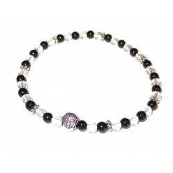 Schwarzer Turmalin Bergkristall Perlen-Armband mit kleinem Buddhakopf silberfarben
