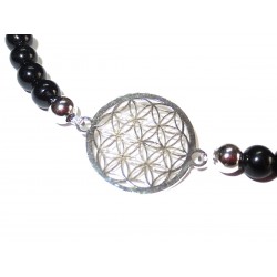 schwarzer Turmalin Perlen-Armband mit Blume des Lebens 925 Silber ohne Maßband Detail