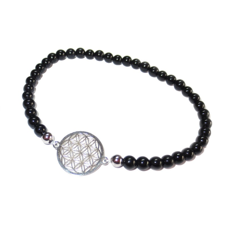schwarzer Turmalin Perlen-Armband mit Blume des Lebens 925 Silber ohne Maßband