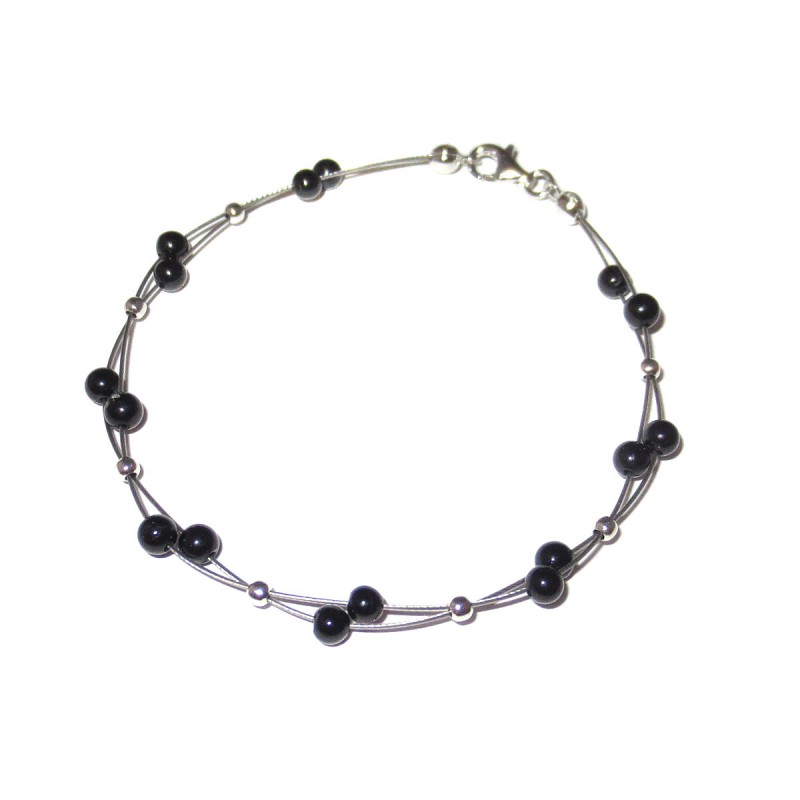 Schwarzer Turmalin-Perlen-Armband mit Silberkugeln auf Schmuckdraht