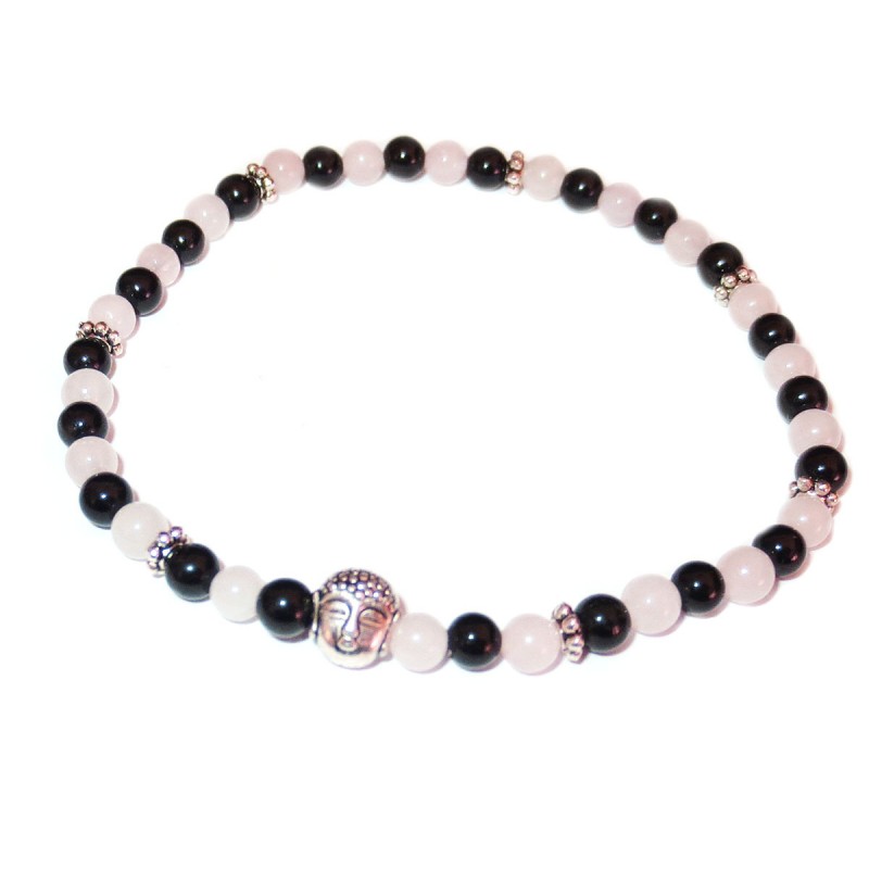 Schwarzer Turmalin Rosenquarz Perlen-Armband mit kleinem Buddhakopf silberfarben