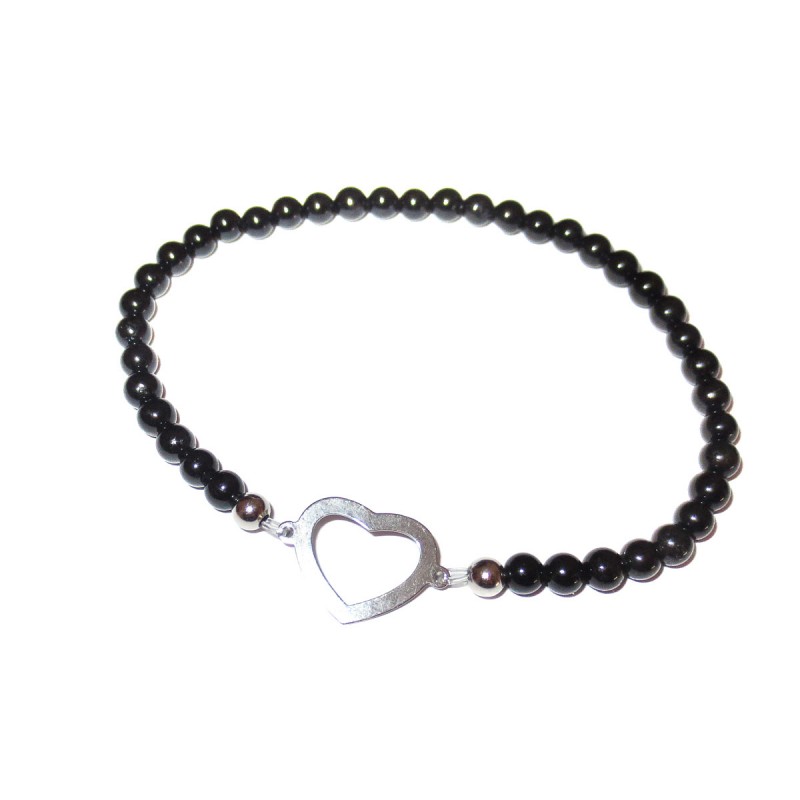 schwarzer Turmalin Perlen-Armband mit Herz Symbol 925 Silber ohne Maßband
