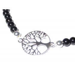 schwarzer Turmalin Perlen-Armband mit Baum des Lebens 925 Silber Detail