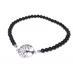 schwarzer Turmalin Perlen-Armband mit Baum des Lebens 925 Silber ohne Maßband