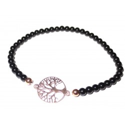 schwarzer Turmalin Perlen-Armband mit Baum des Lebens 925 Silber rosevergoldet ohne Maßband